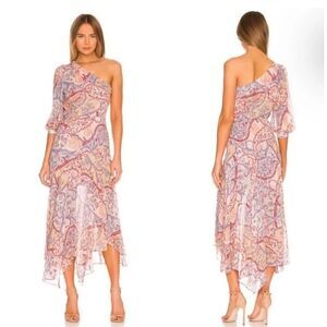 Veronica Beard Kimber Paisley Silk Midi Dress Women's 12 Cream Red Asymmetrical